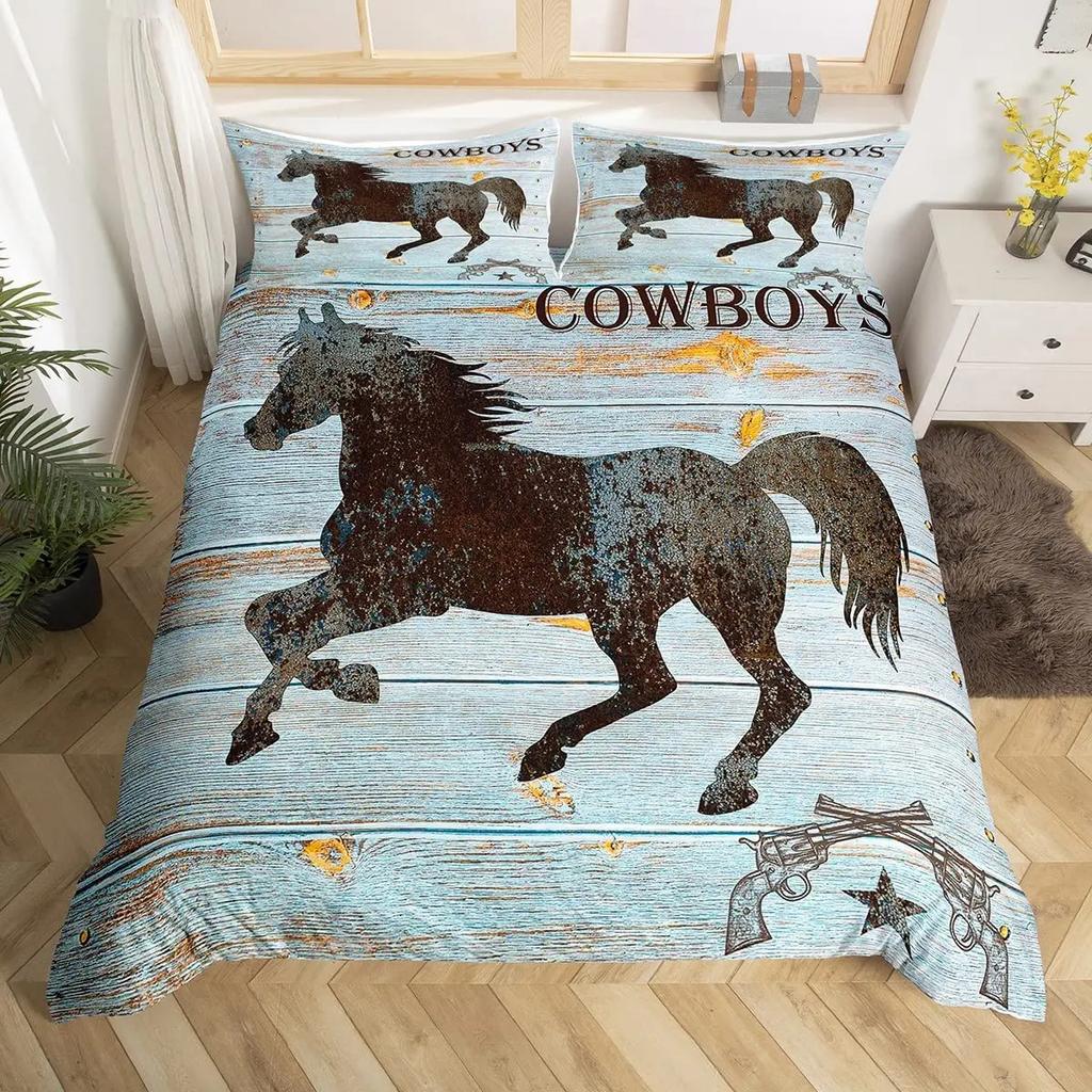Cowgirl Horse Duvet Cover Set King Romantic Butterfly Bedding Set Farm Animal Comforter Cover Western Tribal Boho Quilt Cover