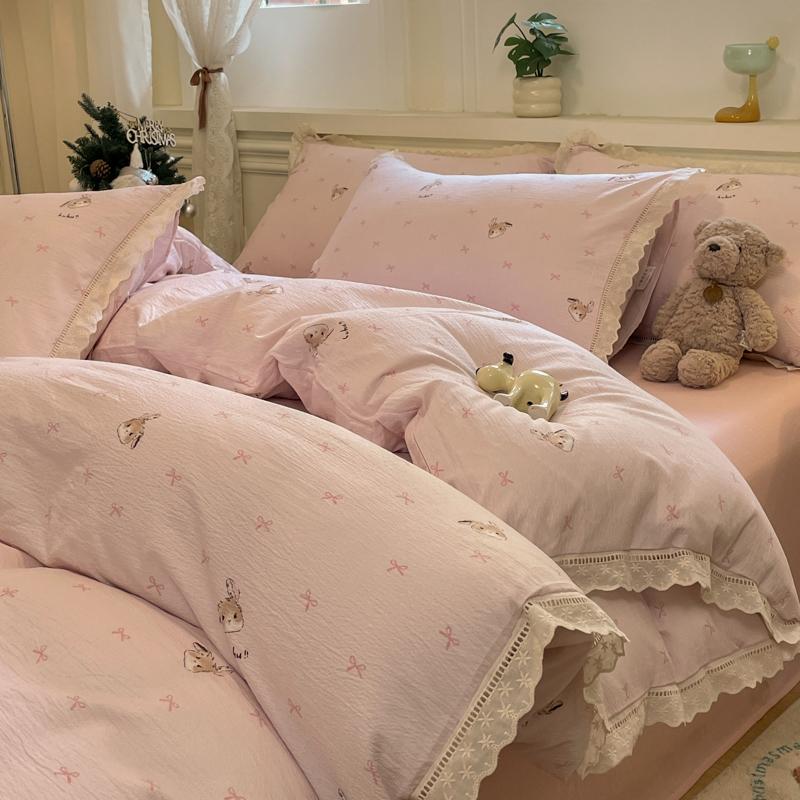 INS Korean Style Bedding Sets 2025 New Cotton Wrinkled Double-Layer Yarn Lace Bedding Sets Plaid Christmas Decor Gift Home Decor
