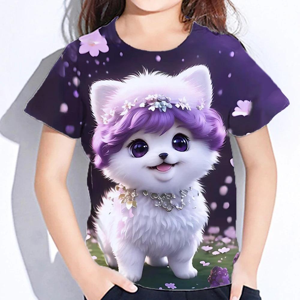 Summer Round Neck 3D Cute Cat Printed Top Fashionable Casual Short Sleeved Children's Girl T-shirts