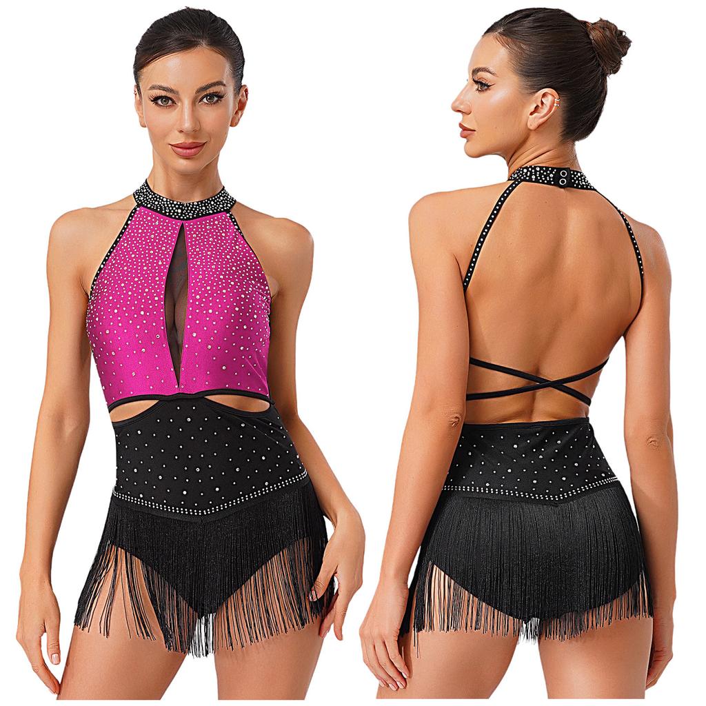 S-XXL Women's Competition Leotard: Allover Rhinestone Backless Bodysuit with Tassel Skirt & Contrast Color for Chacha Rumba Dance
