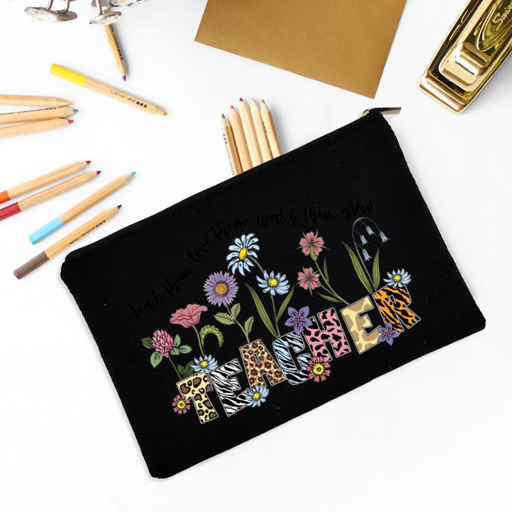 Teacher Flower Print Pencil Case Travel Makeup Bag School Stationery Supplies Storage Bags Wash Pouch Cosmetic Bags Teacher Gift