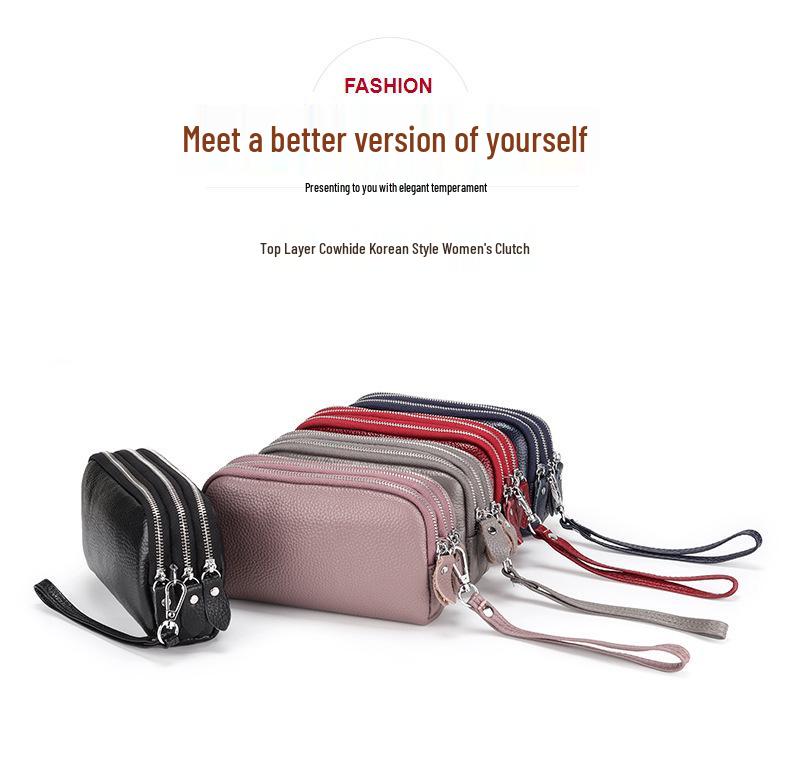 Extra Große Damen-Clutch aus Rindsleder: Dreilagige Reißverschluss-Handgelenktasche & Handy-Geldbörse aus echtem Leder.