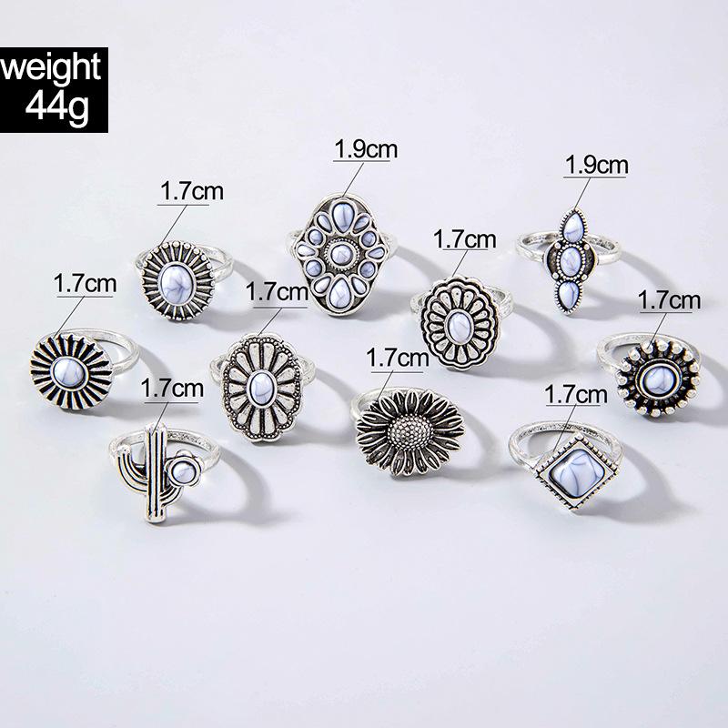 European and American Retro Style Imitation Turquoise Ring Design Sense Flower Leaf Eagle Geometric Joint Ring Set for Women