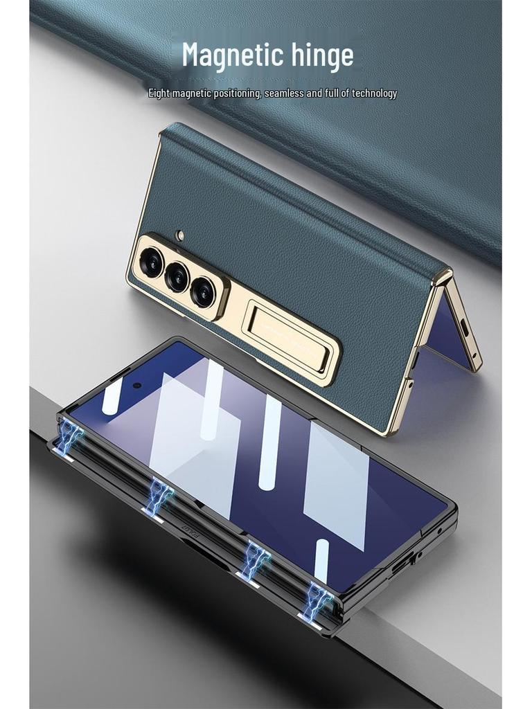 Samsung Z Fold7 Electroplated Leather Magnetic Case with Bracket - Anti-drop Protective Cover