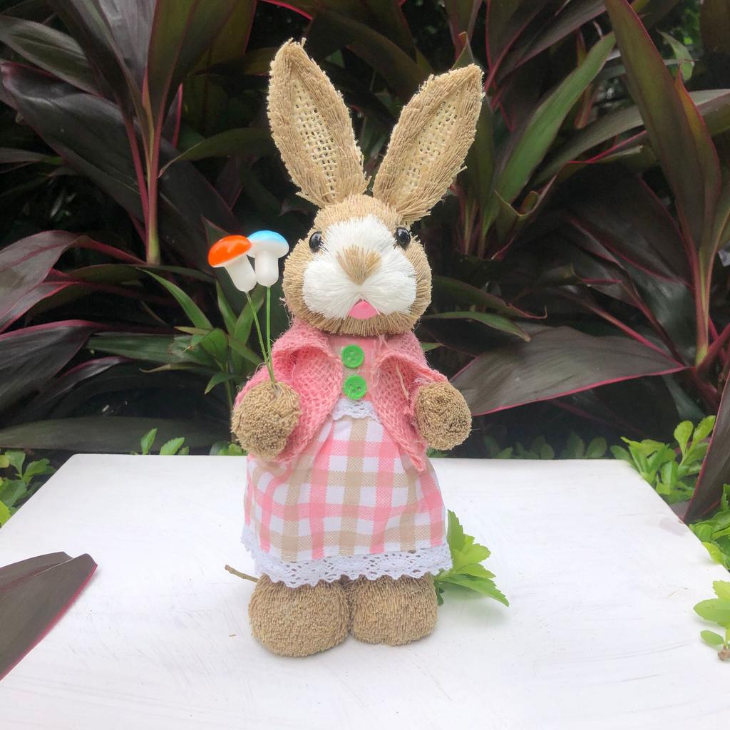 Easter Rabbit Decoration Straw Rabbit Ornament Creative Artificial Bunny Figure 25cm Home Holiday Cute with Flower Wreath
