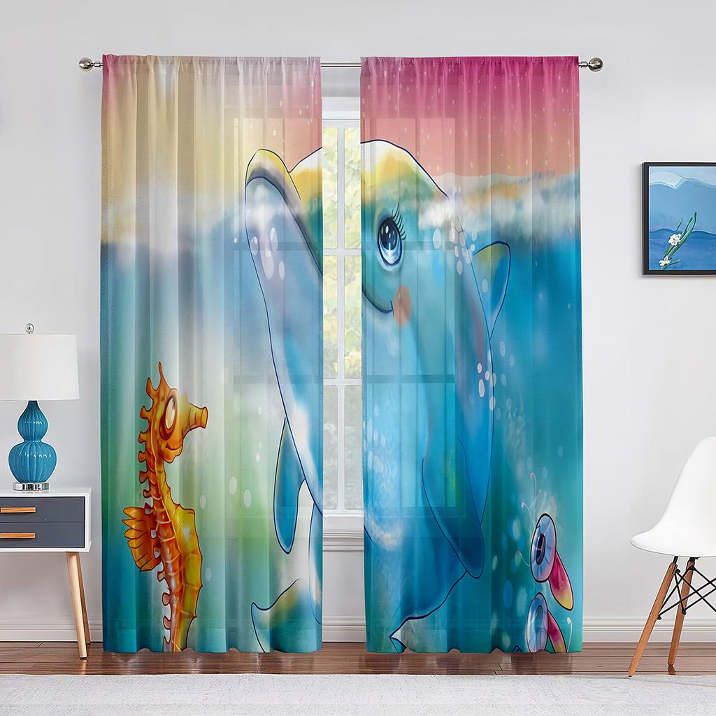 Cartoon Ocean Animal Sheer Voile Curtain Dolphin Sea Lion Whale Window Tulle Curtains for Living Room Kids Bedroom Kitchen Decor