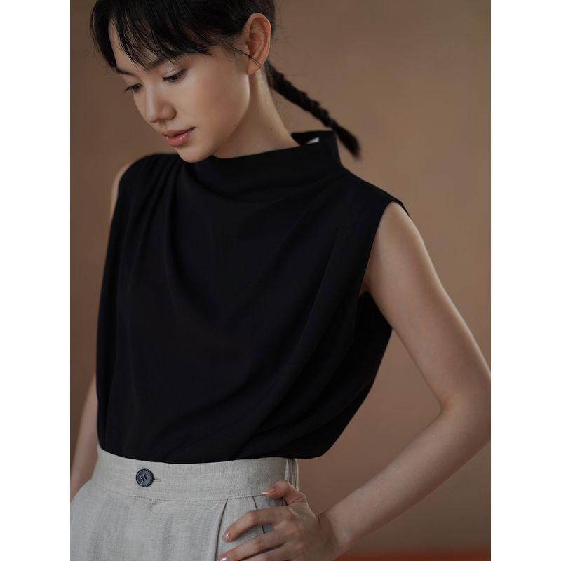 

Miss Haitao Aesthetic Design Anti-Wrinkle Chiffon Vertical and Smooth Breathable Ice Feeling Stand Collar Temperament Commuting Sleeveless Top Women Munich S