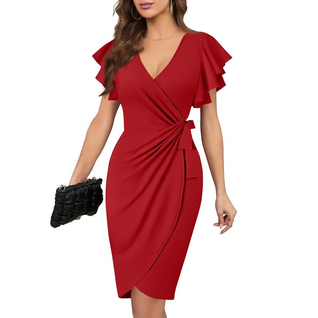 Damska sukienka we wzór kwiatowy, seksowny dekolt w serek, rękawy z falbankami, imitacja kopertowa, marszczona sukienka bodycon