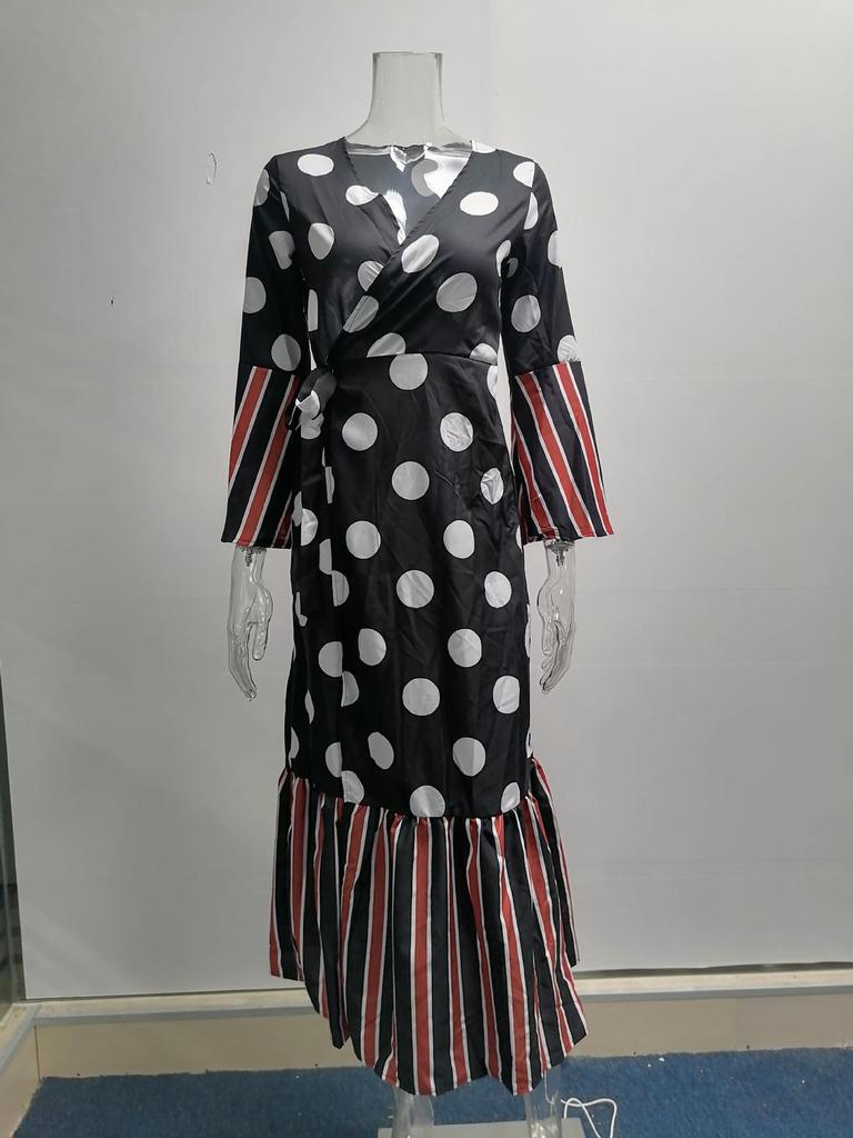 2025 European American V-Neck Tie-Up Long Sleeve Printed Dress for Autumn/Winter