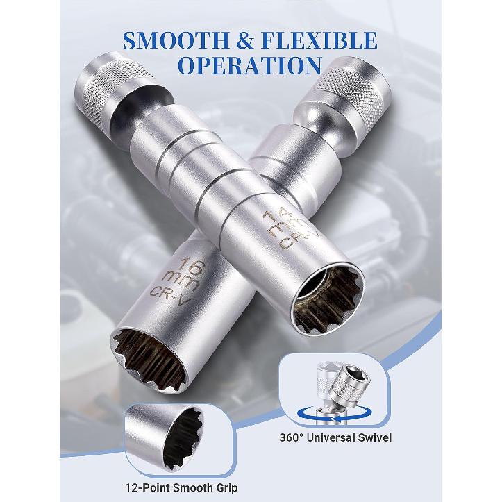 Magnetic Swivel Spark Plug Socket Set, 14mm 16mm 3/8 Inch Drive | 14Mm and 16Mm Magnetic Swivel Spark Plug Sockets with Thin-Wall 3/8 Inch Drive