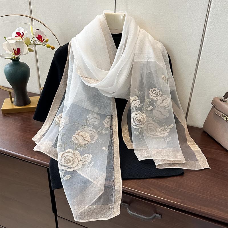 Simulation Silk Handmade Embroidered Scarf Spring And Autumn High-End Foreign Silk Scarf Femininity Easy To Match Decorative Shawl