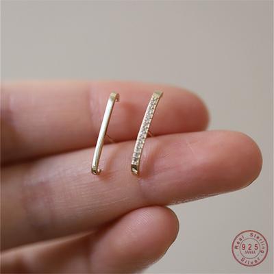 925 Sterling Silver European Asymmetrical Pavé Crystal Smooth Stud Earrings Women Simple Creative Student Party Jewelry Gift