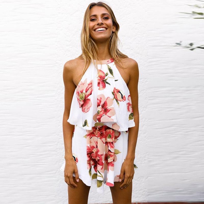 Piece Womens 2 Holiday Mini Playsuits Ladies Beach Summer Floral Shorts Print