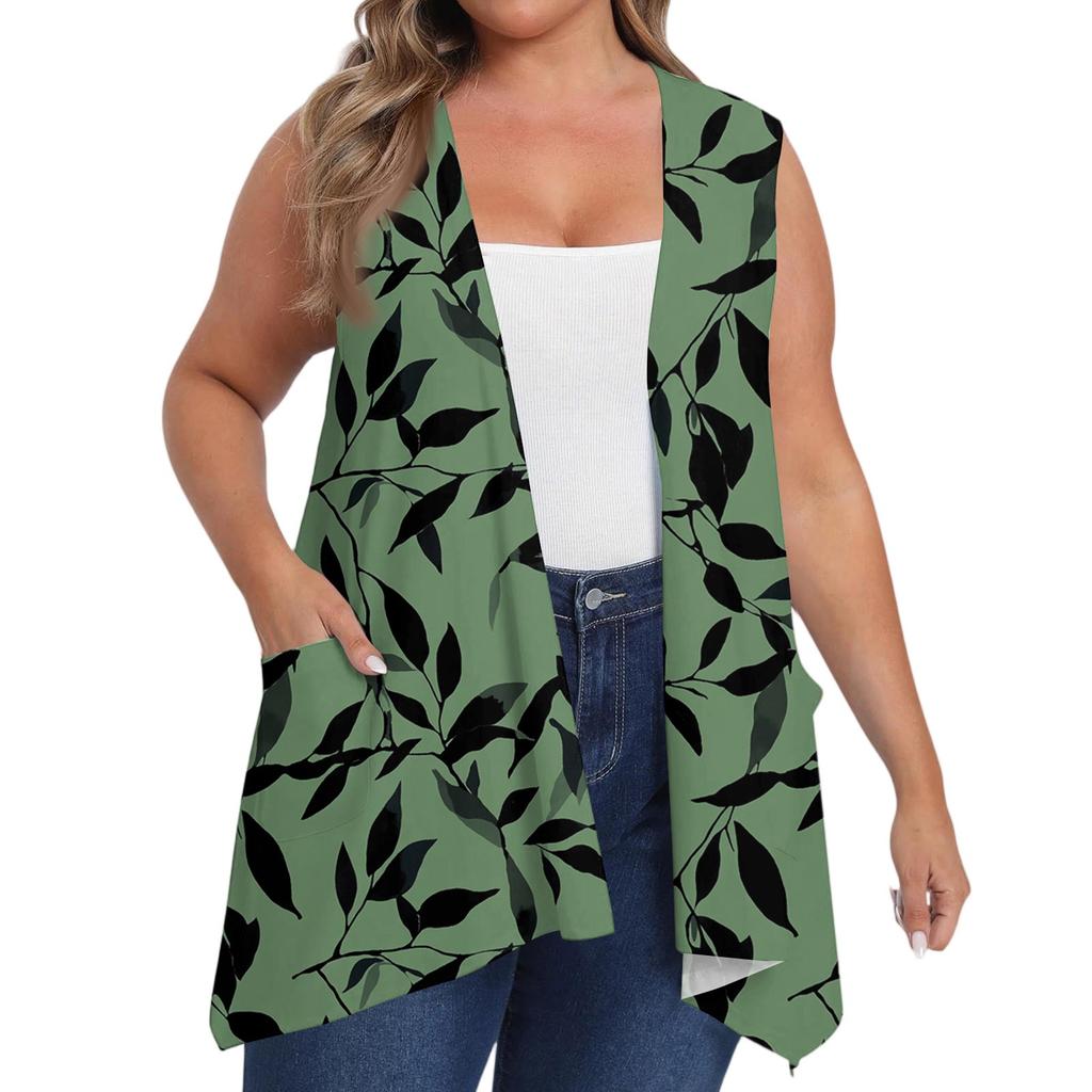 Women's Oversized Loose Casual Printed Sleeveless Vest With Pocket Cardigan Jacket Cardigan Jacket