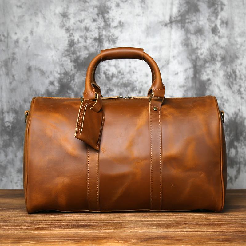 NZPJ Retro Men's Large-Capacity Leather Travel Bag First Layer Cowhide Shoulder Messenger Handbag with Zipper for 15 Inch Laptop