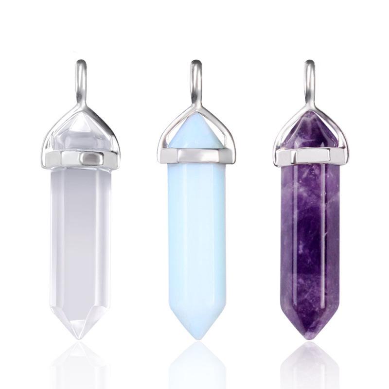 Bohemian Style Agate Crystal Quartz Hexagonal Bullet Pendant Necklace