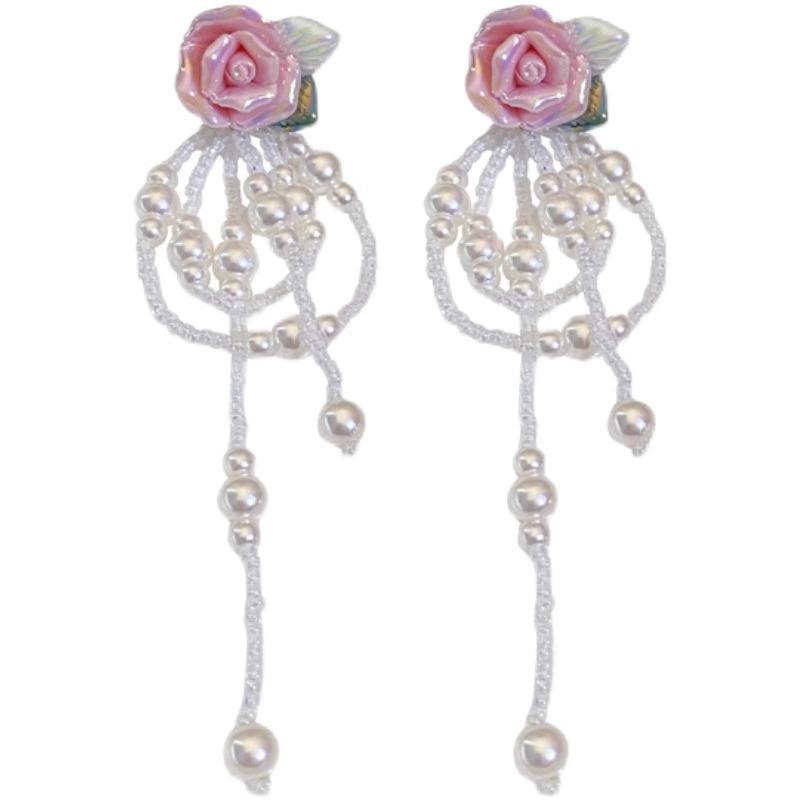 Silver needle court retro flower pearl bow fringed earrings elegant super fairy earrings suitable for summer
