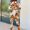 Women Plus Size Cartoon Printed Round Neck Long Sleeve Top Fitted Pants Two Piece Set