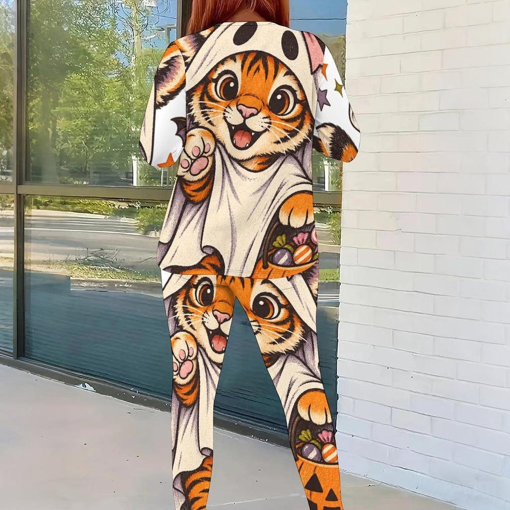 Women Plus Size Cartoon Printed Round Neck Long Sleeve Top Fitted Pants Two Piece Set