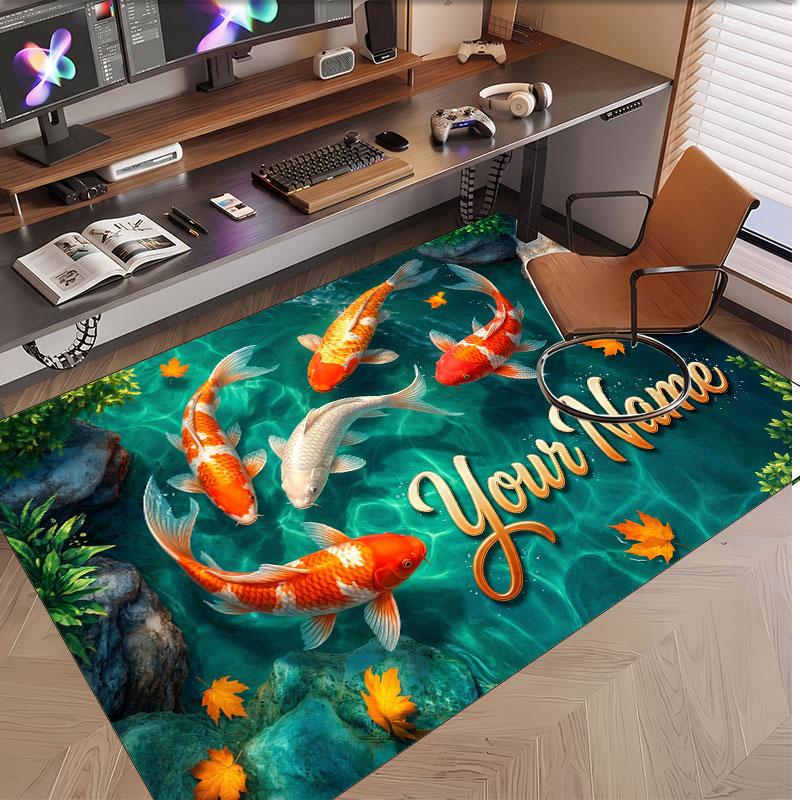 Koi Fish Theme Soft Crystal Velvet Rug Custom Name & Text Print Non Slip Floor Rug for Bedroom Living Room