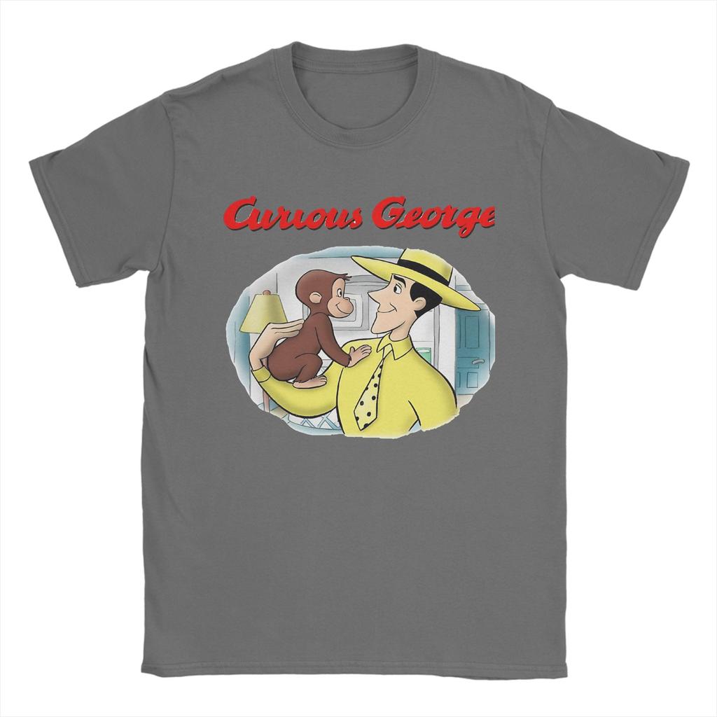 Vintage Curious George T-Shirt Herren Baumwolle Kurzarm Niedlich Cartoon O-Ausschnitt Sommer Top T-Shirt