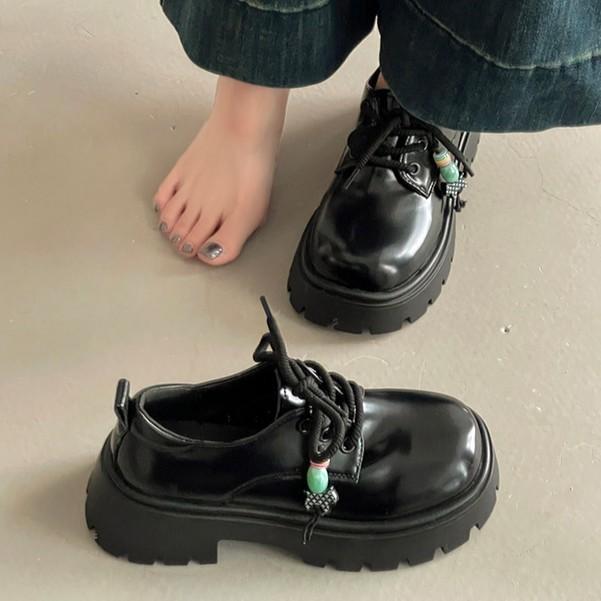 French British style thick-soled heightened rhinestone beaded small leather shoes women's 2025 autumn new skirt loafers single shoes