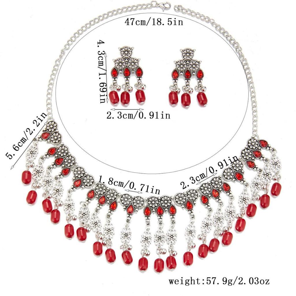 European & American Ethnic Style Rhinestone Tassel Necklace & Earring Set