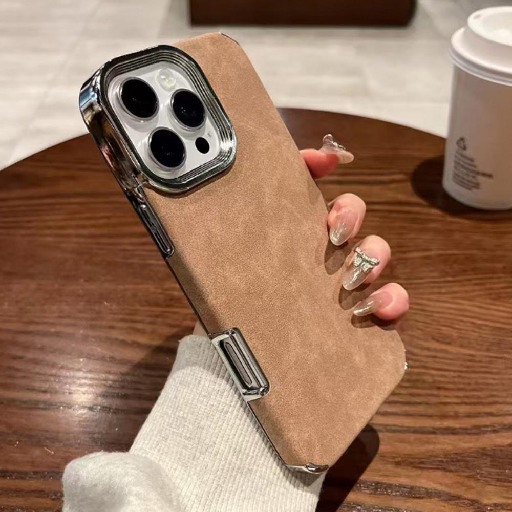 Luxury Business Leather Pattern Protective Phone Case For iPhone 14 16 Pro Max 15 13 12 Plating Lens Simple Solid Color Cover