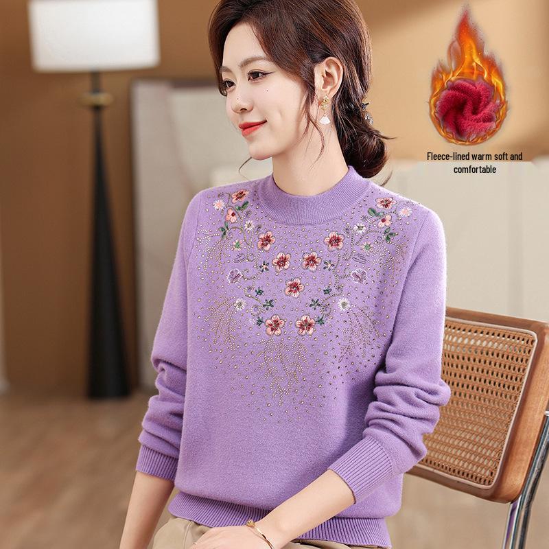 

Женский вязаный свитер плюс с бархатом - Зимняя базовая рубашка для осени и зимы 4XL (145-160 lbs) фиолетовый