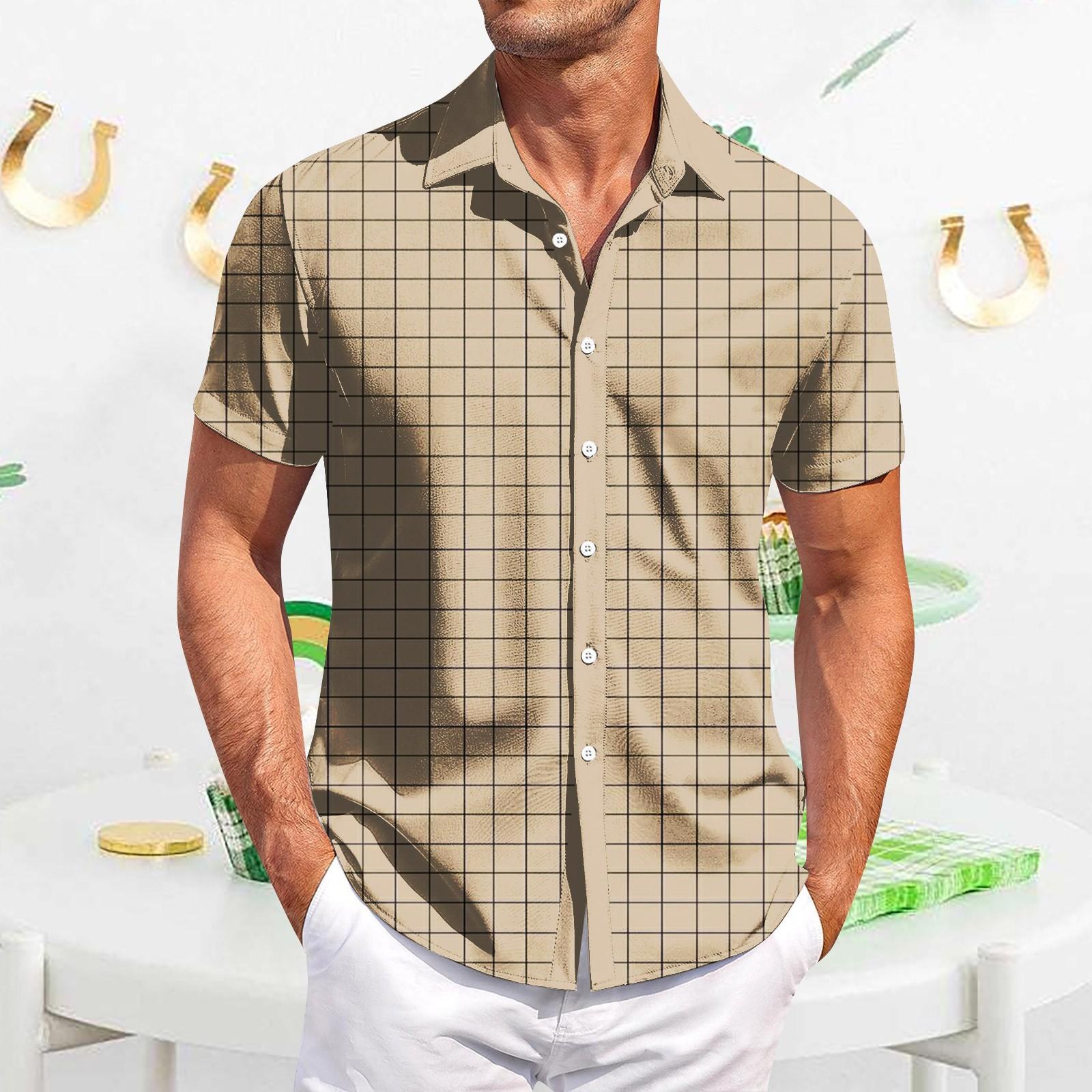 

Мужская повседневная рубашка с короткими рукавами, приталенная, модная, с принтом в клетку XL хаки
