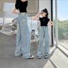 Calças de Menina Primavera e Outono Jeans de Perna Larga Moda Meninas Coreano Bolso Traseiro Calças de Perna Reta