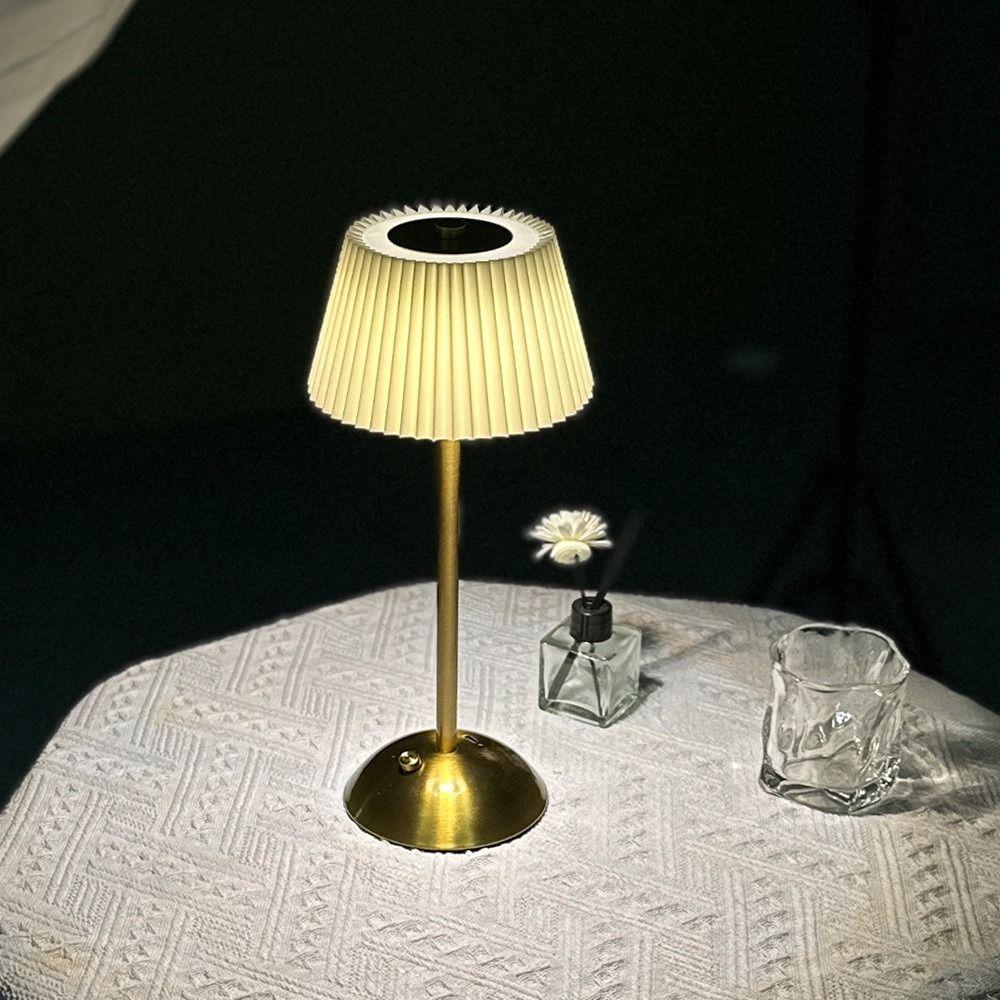 3 Color Lights Small Pleated Table Lamp Touch Control Fabric Shade Desk Ambient Light Cordless USB Rechargeable Nightstand Light