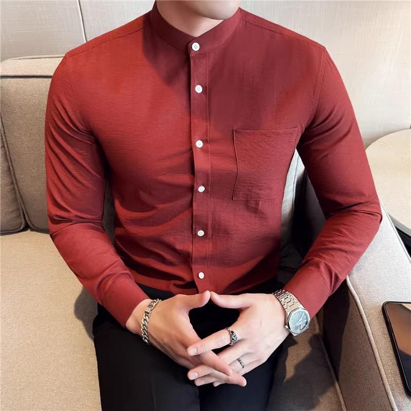 Stand Collar Men's Shirt High High Quality Long Sleeve Casual Business Dress Shirt Slim Fit Streetwear Men Clothing