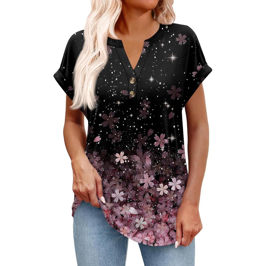 Women's Fashionable Casual Short-sleeved V-neck Button Printed Pullover Top