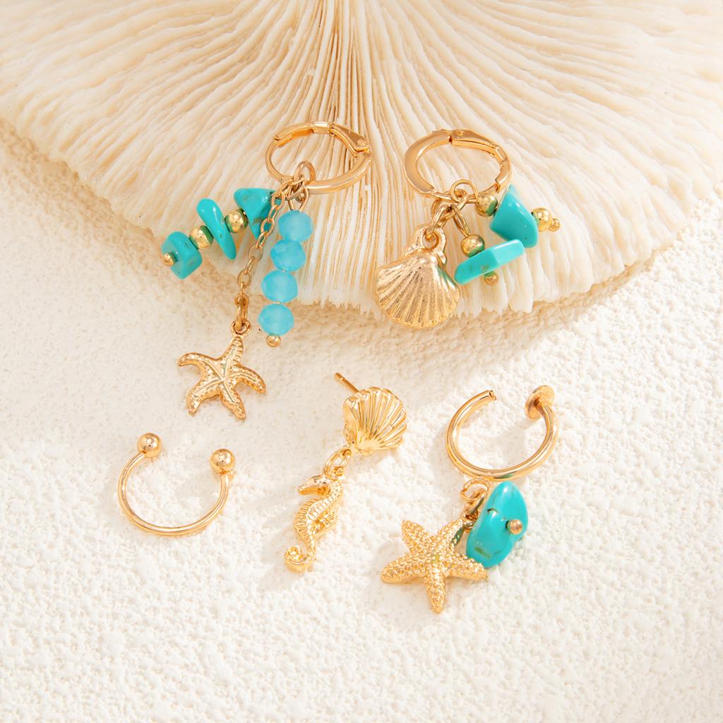 Creative Ocean Style Starfish Scallop Tassel Ear Clips Set Imitation Pearl Vintage Turquoise Pendant Stud Earrings for Women