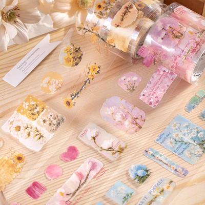 Cinta Washi Retro Floral Troquelada: Serie de bocetos de flores de día hermoso para diario y pegatinas de decoración DIY