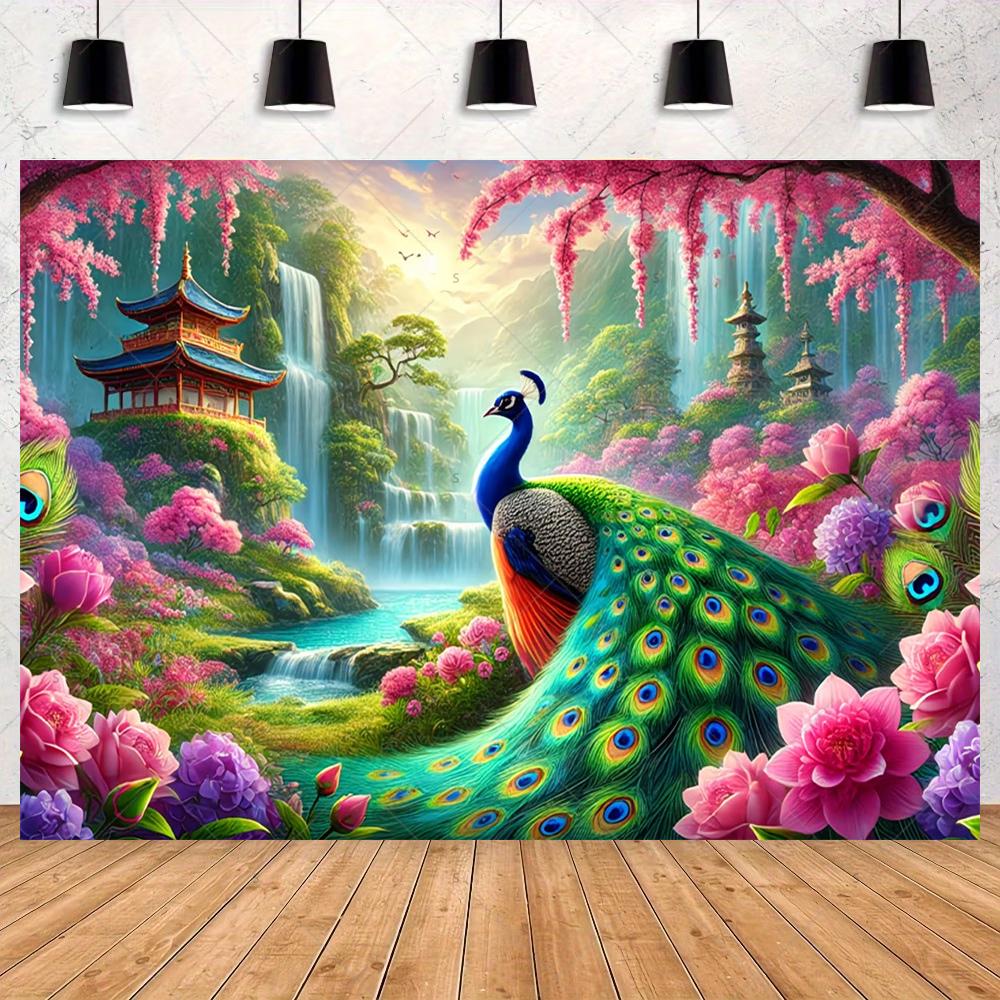 Peacock Theme Background Happy Birthday Flower Castle Waterfall Party Decor Backdrop Photography Studio Supplies Props Banner