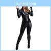 Tempting Black Full Body Latex Bodysuit With Long Sleeves And Zippered Design For Role Play And Cosplay