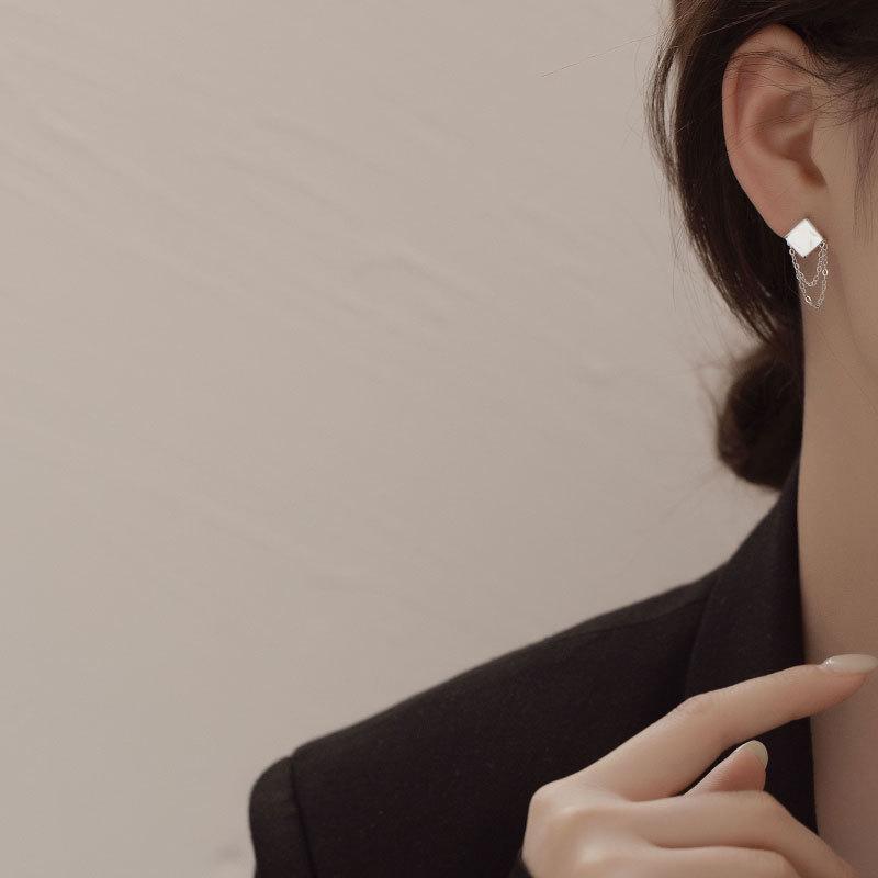Fashion Jewelry 925 Sterling Silver Square Shape Chain Tassel Gold Plated Stud Earrings for Women