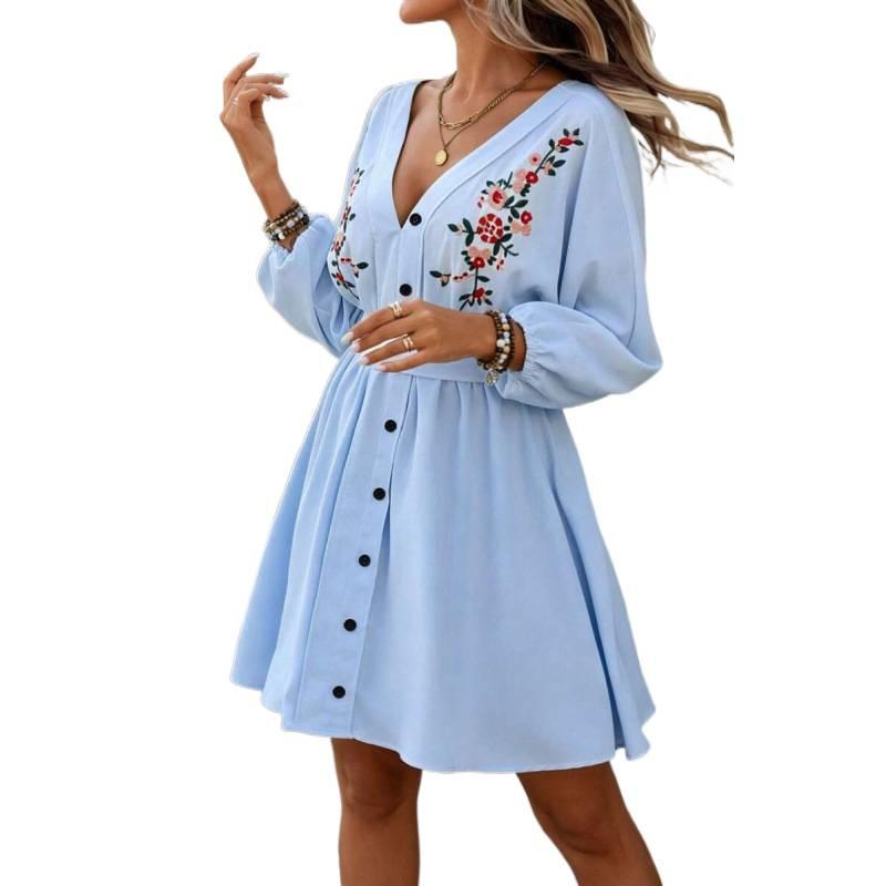 European Summer Fashion Temperament Vacation Style Embroidery Waist V Neck Long Sleeve Short Dress Women