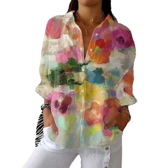 

Women Shirt Lapel Long Sleeve Buttons Placket Shirt Tops Loose Fit Mid-length Summer Floral Shirt Lightweight Casual Tops S E