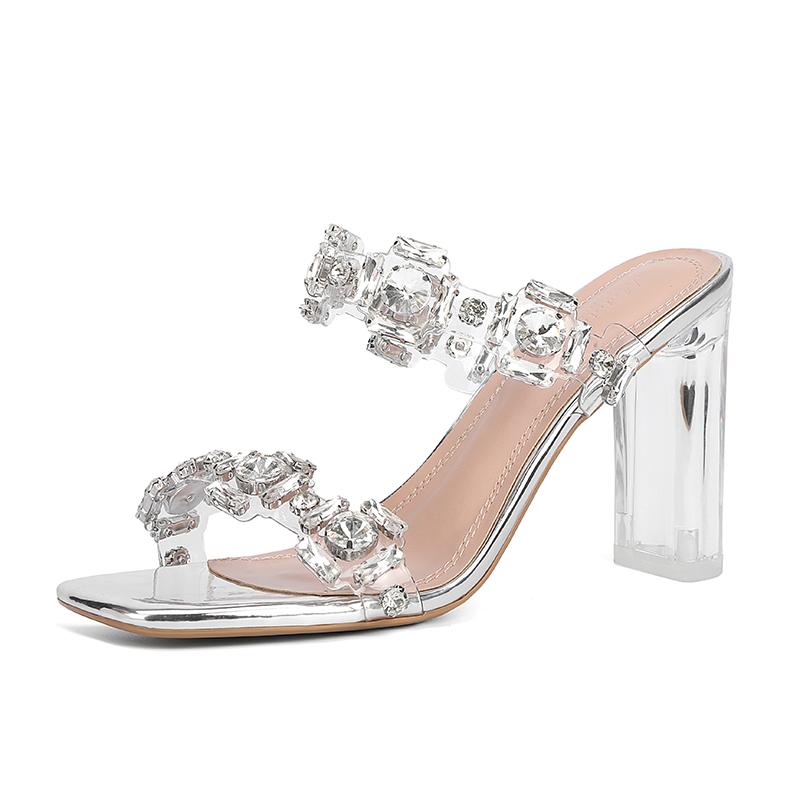 Fashion 2025 Diamond-Encrusted Water Diamond Flip-Flops, Square-Toed, Fashionable And Elegant One-Line Crystal Shoes With High Heels