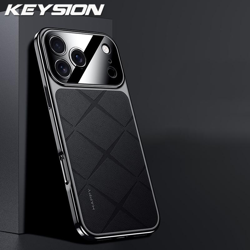 

KEYSION Luxury Grid Pattern PU Leather Case for iPhone 17 Pro Max Plating TPU Camera Protection Phone Cover for iPhone 17 Air for iPhone 17 Pro Max чорний