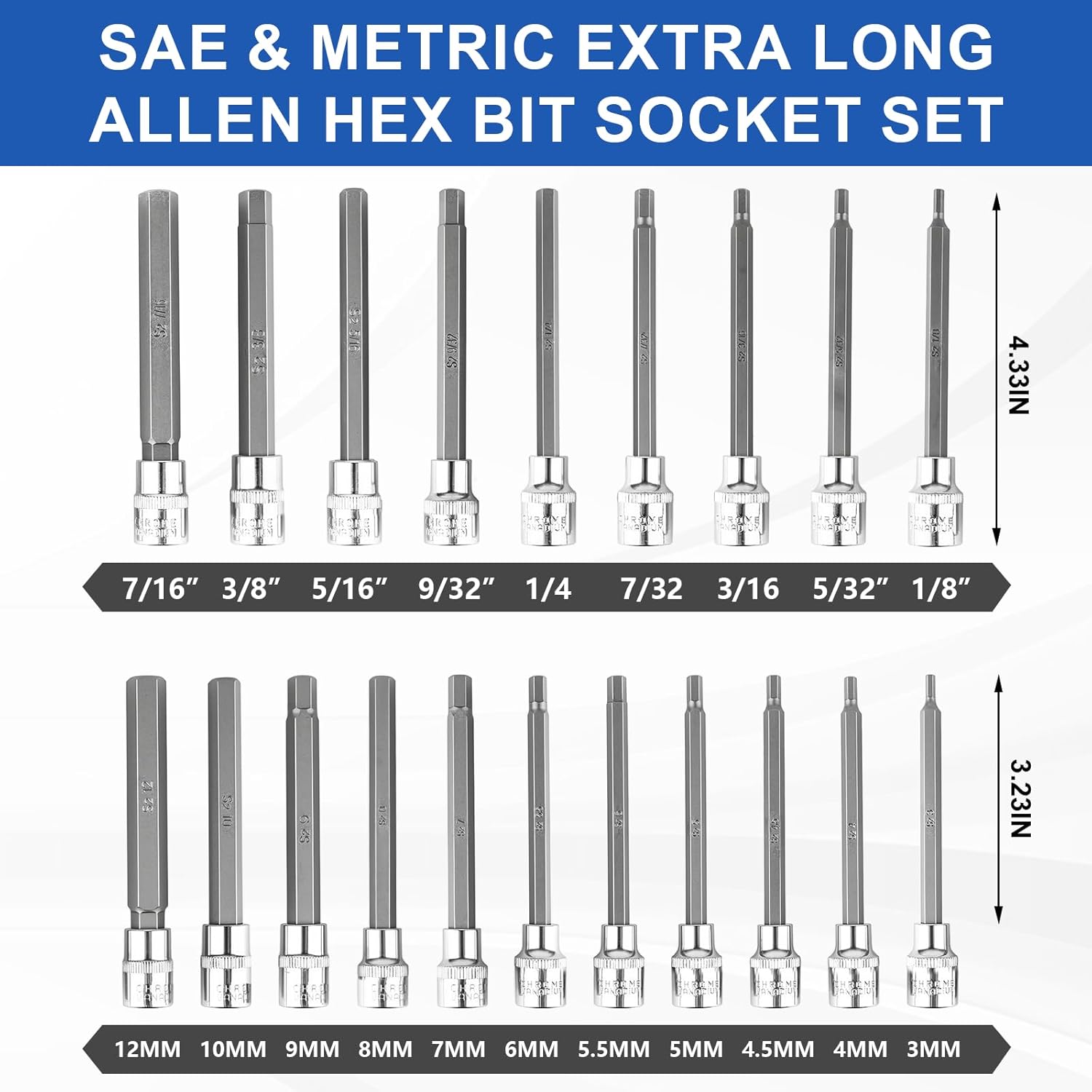 

20PCS Extra-Long Allen Bit Set, 3/8 Drive, SAE & Metric (1/8 -7/16 , 3-12mm), CR-V & S2 Alloy United States