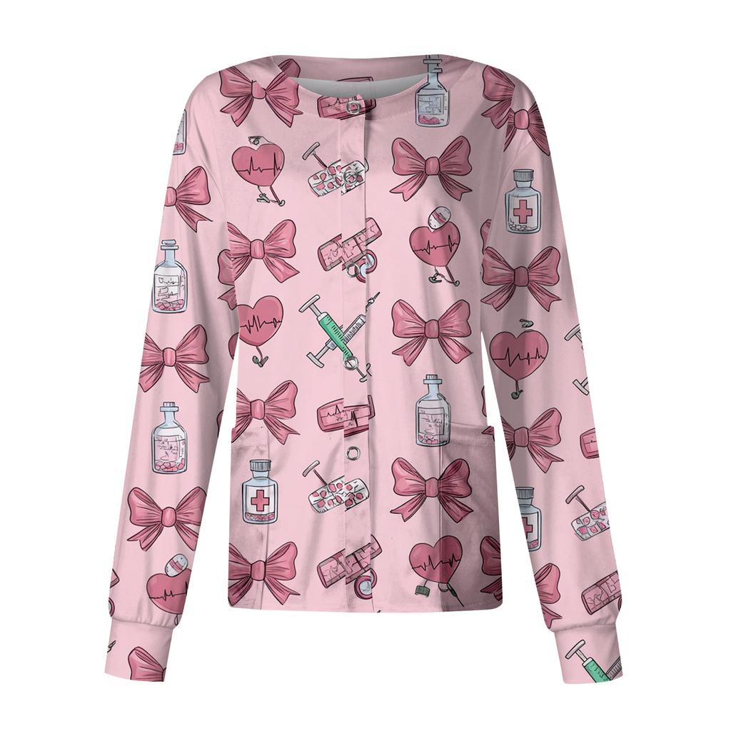 Women's Long Sleeve Top, Casual Uniform with Print, Single Pocket, Lightweight Work Shirt for
