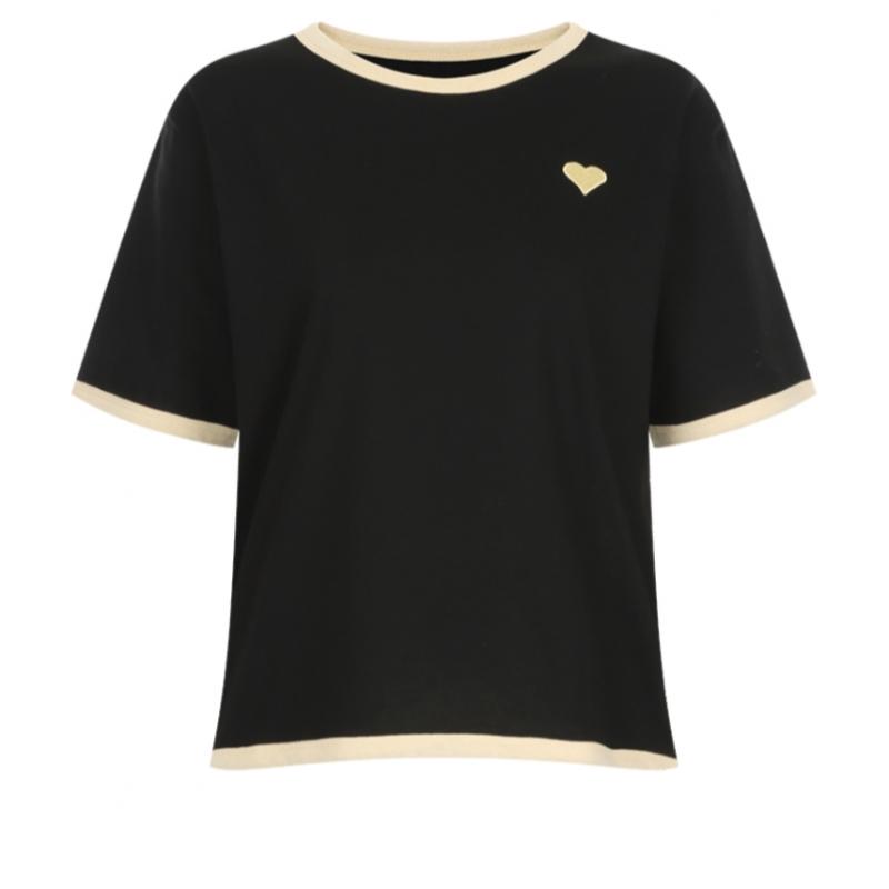 Shop   Women Color Block Round Neck HearT Embroidery Washing ShorT Sleeve T Shir