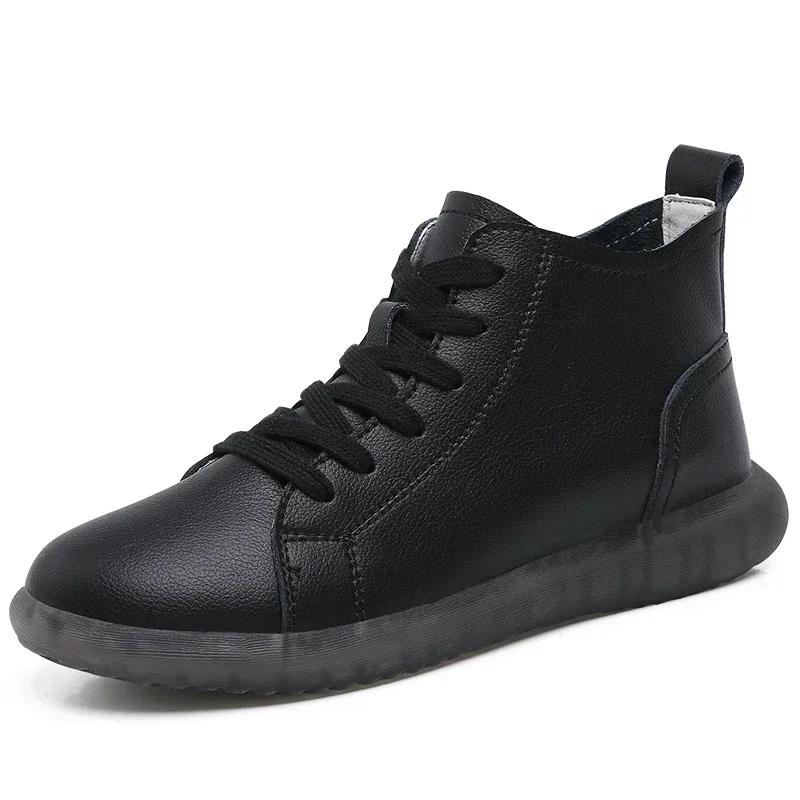 

High Top Fashion Sneakers Ladies Non-Slip Lace Up Walking Boots High Quality Genuine Leather Waterproof Casual Shoes Women Soft 35 чёрный