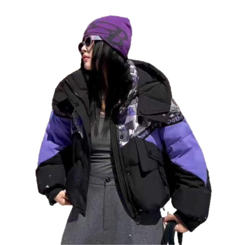 Nieuwe alfabet donsjas dames korte capuchon verdikte jas mode trendy merk splicing contrasterende top