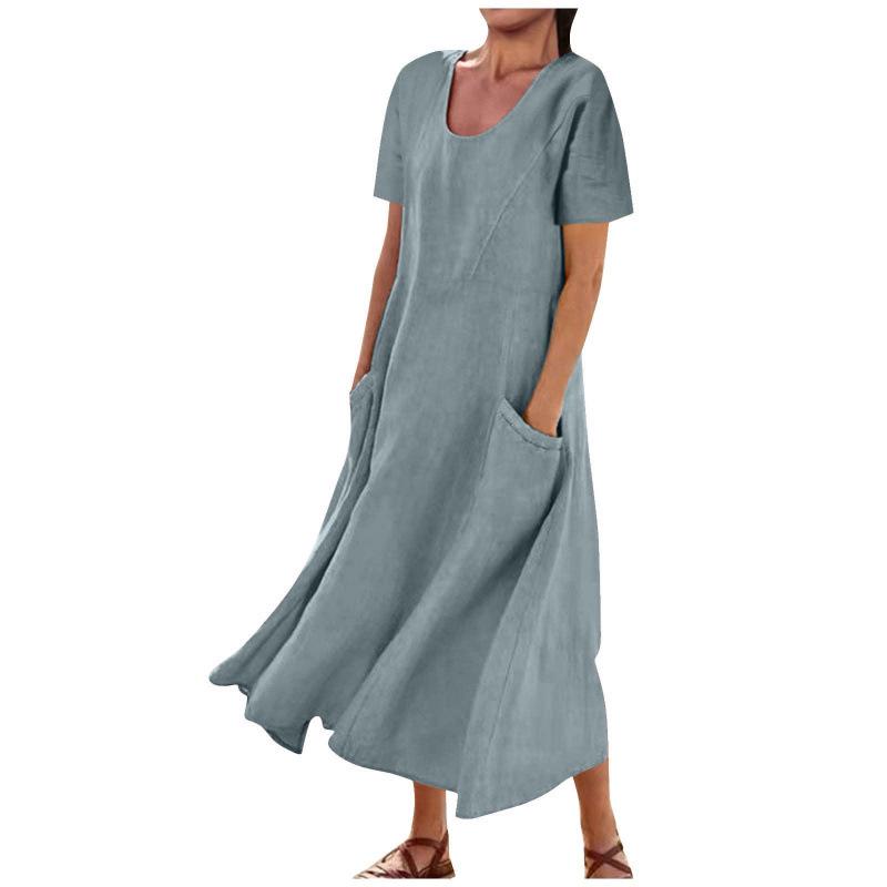 Women's Solid Color Round Neck Short Sleeve Loose Hem Dress