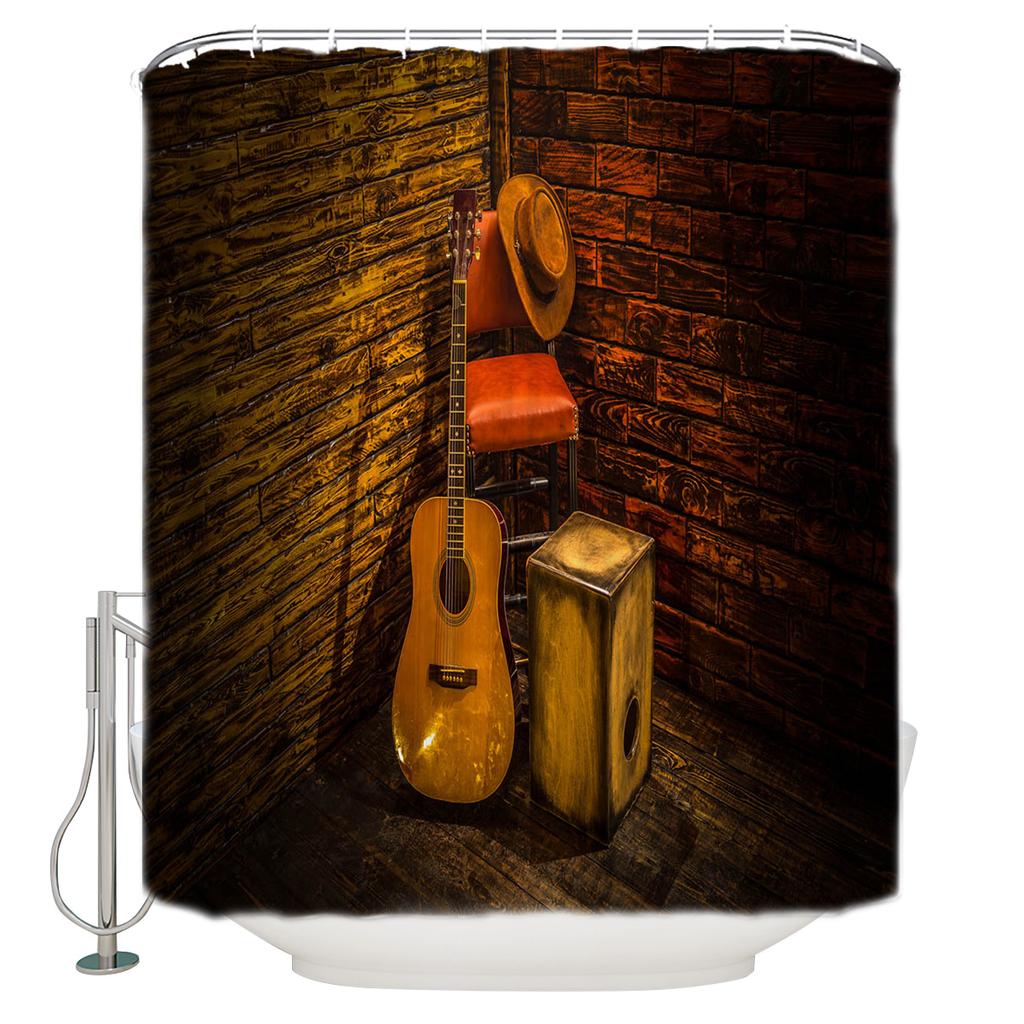 Music Decor Electric Guitars On Lighted Wooden Floor Shower Curtains Polyester Fabric Waterproof Bath Curtain Shower Curtain